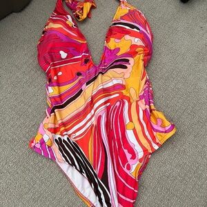 Trina Turk One-Piece Swimsuit Multicolor Abstract Swirl Print Halter Size 8